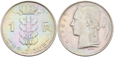 БЕЛЬГИЯ 1 ФРАНК 1967 BELGIQUE KM 142.1 медно-никель 68-636