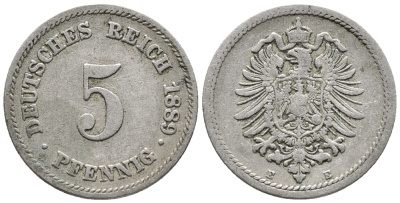 ГЕРМАНИЯ 5 ПФЕННИГОВ 1889 E, СТАРОГЕРБОВКА KM 3, J. 3 медно-никель 39-429