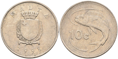 Мальта 10 центов 1998 золотая макрель KM 96 медно-никель 4588-249