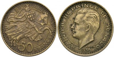 Монако 50 франков 1950 Ренье III (1949-2005) KM 132 алюминиевая бронза 51-2641