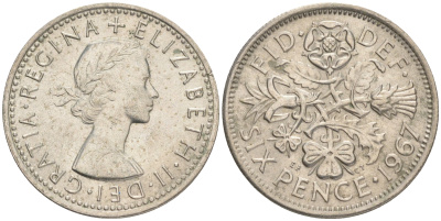 Великобритания 6 пенсов 1967 Елизавета II (1952-2022) KM 903, Spink 4149 медно-никель 192-822