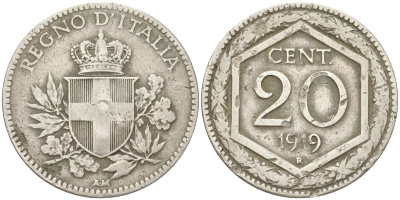 Италия 20 чентезимо 1919 R, Виктор Эммануил III (1900-1946) KM 44 никель 4613-841