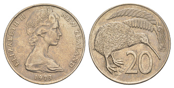 Новая Зеландия 20 центов 1973 Елизавета II (1952-2022), птичка киви KM 36 медно-никель 93-914