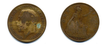 Великобритания 1 пенни 1920 Георг V (1910-1936) КМ 810, Spink 4051 бронза 47-412