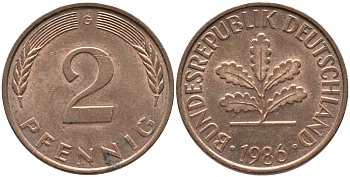 ФРГ 2 ПФЕННИГА 1986 G KM 106a, J.381a сталь плакированная сталь плакированная медьюю 96-644