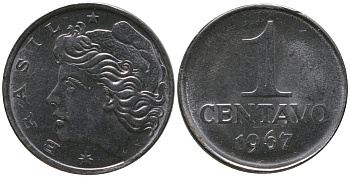 Бразилия 1 сентаво 1967 KM 575.1, Schon 80 нержавеющая сталь UNC 4567-842