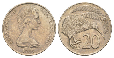 Новая Зеландия 20 центов 1973 Елизавета II (1952-2022), птичка киви KM 36 медно-никель 4683-113