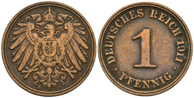 Германия 1 пфенниг 1911 J, Вильгельм II (1888-1918) KM 10, J. 10 медь 4608-249