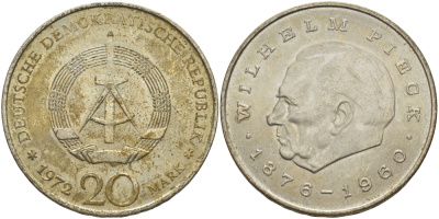 ГДР 20 марок 1972 А, Вильгельм Пик (1876-1960) KM 42 медно-никель 82-1113