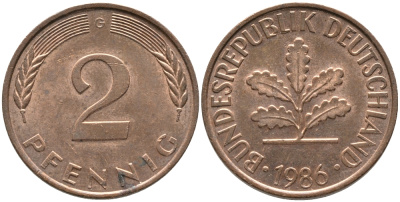ФРГ 2 ПФЕННИГА 1986 G KM 106a, J.381a сталь плакированная сталь плакированная медьюю 96-644