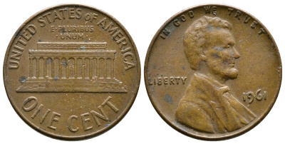 США 1 цент 1961 Авраам Линкольн KM 201 медь цинк 93-1224