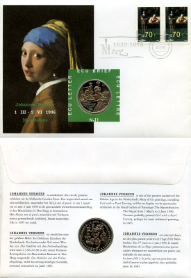 Нидерланды 1 экю 1996 Ян Вермеер, в оригинальном конверте, с марками, первый день гашения X 211 медно-никель BU 4-3-8-31