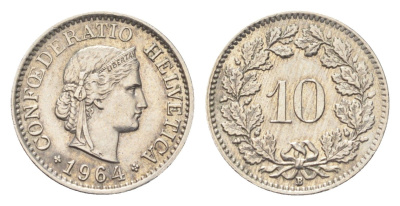 Швейцария 10 раппенов 1964 B KM 27 медно-никель 4705-858