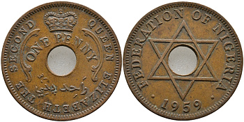 Нигерия 1 пенни 1959 Елизавета II (1952-), Британский протекторат KM 2 бронза 51-2546