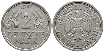 ФРГ 2 марки 1951 J J 386, KM 111 медно-никель плакированный никелем 413-4831