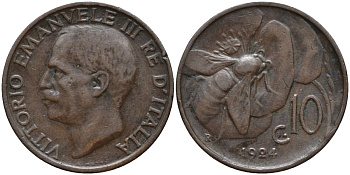 Италия 10 чентезимо 1924 R, пчела, Виктор Эммануил III (1900-1946) KM 60 бронза 4171-845