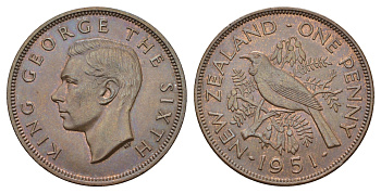 Новая Зеландия 1 пенни 1951 Георг VI (1936-1952), новозеландский туи KM 21 бронза 51-4543