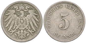 Германия 5 пфеннигов 1897 D, Вильгельм II (1888-1918) KM 11, J. 12 медно-никель 4615-728