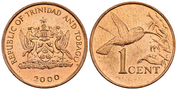 Тринидад и Тобаго 1 цент 2000 колибри KM 29, Schoen 28 сталь плакированная бронзой 4124-322