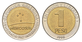 Аргентина 1 песо 1998 Меркосур - общий рынок стран Южной Америки KM 125 биметалл UNC 5010-2034