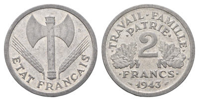 Франция 2 франка 1943 KM 904.1, Le Franc 270.2 алюминий 4118-537