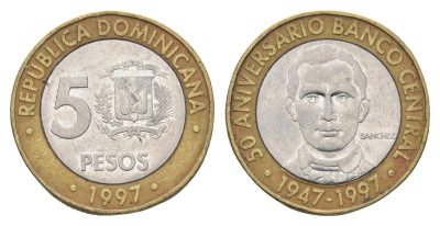Доминиканская Республика (Доминикана) 5 песо 1997 50 лет Центробанку KM 88 биметалл 4663-922