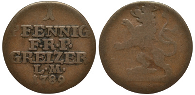 РЕЙС-ОБЕРГРЕЙЦ 1 ПФЕННИНГ 1789 LM, ГЕНРИХ XI (1723-1800) KM 77 медь 31-327
