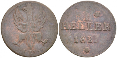 Франкфурт 1 геллер 1820 GB AKS 30, Jaeger 10, KM 301 медь 73-632