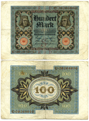 Германия 100 марок 1920 Бамбергский всадник, 8 цифр в номере Pick 69 b, Розенберг 69b бумага 7147-26-1