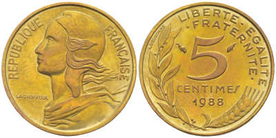 ФРАНЦИЯ 5 САНТИМОВ 1988 ТИП MARIANNE KM 933 медь алюминий никель 44-935
