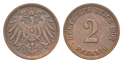 Германия 2 пфеннига 1907 A, Вильгельм II (1888-1918) KM 16, J. 11 медь 4647-849