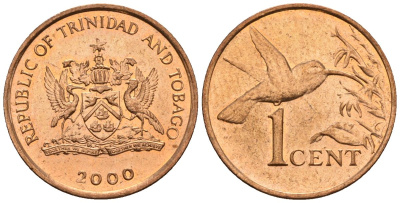 Тринидад и Тобаго 1 цент 2000 колибри KM 29, Schoen 28 сталь плакированная бронзой 4124-322