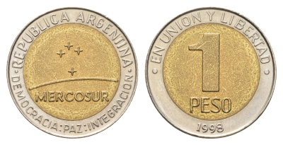 Аргентина 1 песо 1998 Меркосур - общий рынок стран Южной Америки KM 125 биметалл UNC 5010-2034