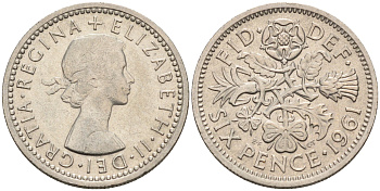 Великобритания 6 пенсов 1961 Елизавета II (1952-2022) KM 903, Spink 4149 медно-никель 4588-1241