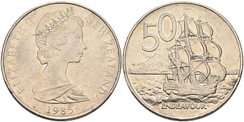 Новая Зеландия 50 центов 1985 Елизавета II (1952-2022), парусник Индевор KM 37.2 медно-никель 4131-1226