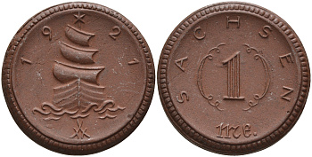 Саксония 1 марка 1921 парусник J. N 55 фарфор 1094-4-42