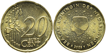 Нидерланды 20 евроцентов 2003 Беатрикс (1980-2013) KM 238 латунь UNC 4391-326