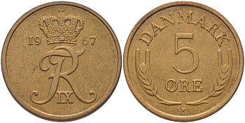 ДАНИЯ 5 ЭРЕ 1967 C; S, ФРЕДЕРИК IX (1947-1972) KM 848.1 бронза 28-514