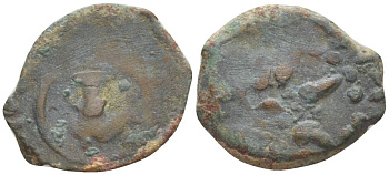 Иудея, династия Хасмонеев прута (известна как 'лепта вдовы') 104 - 76 гг. до н.э. Александр Яннай, греческая легенда 'Царя Александра', якорь / 8-ми лучевая звезда, между лучей та же легенда на иврите, Иерусалим Hendin 1150 медь 1073-21-116