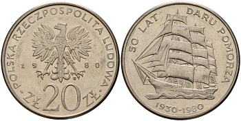 Польша 20 злотых 1980 MW, 50 лет фрегату «Дары Поморца» KM 112, Parchimowicz 253 медно-никель 4157-1015