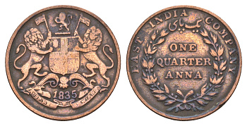 Британская Индия, Мадрас (Пагода) 1/4 анна 1835 год-тип KM 446 медь 4656-126