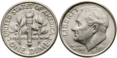США 10 ЦЕНТОВ = 1 ДАЙМ 1991 D, РУЗВЕЛЬТ KM 195а медь плакированная медно-никелем 46-2352