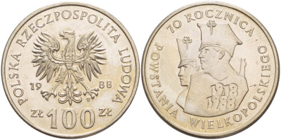 ПОЛЬША 100 ЗЛОТЫХ 1988 MW, 70 ЛЕТ ВЕЛИКОПОЛЬСКОГО ВОССТАНИЯ KM 182 медно-никель 4542-1025