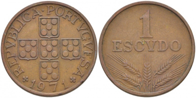 Португалия 1 эскудо 1971 KM 597 бронза 3718-413