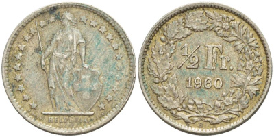Швейцария 1/2 франка 1960 В KM 23 серебро 4532-1028
