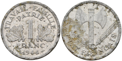 Франция 1 франк 1944 LB, тип Lourde, правительство Виши KM 902.1 алюминий 4142-936