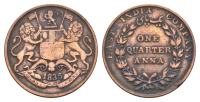 Британская Индия, Мадрас (Пагода) 1/4 анна 1835 год-тип KM 446 медь 4656-126