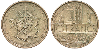 Франция 10 франков 1975 тип Матье KM 940, Le Franc 365.5-6 никель латунь 51-4016
