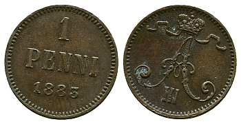 РОССИЯ ДЛЯ ФИНЛЯНДИИ 1 ПЕННИ 1883 АЛЕКСАНДР III KM 10, Биткин 251 медь 4383-445