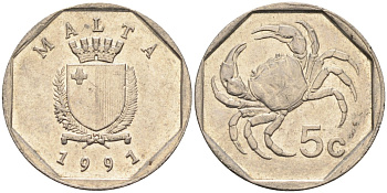 Мальта 5 центов 1991 краб KM 95 медно-никель 4387-1041